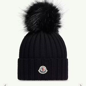 Moncler Black Ribbed Beanie with Pom Pom